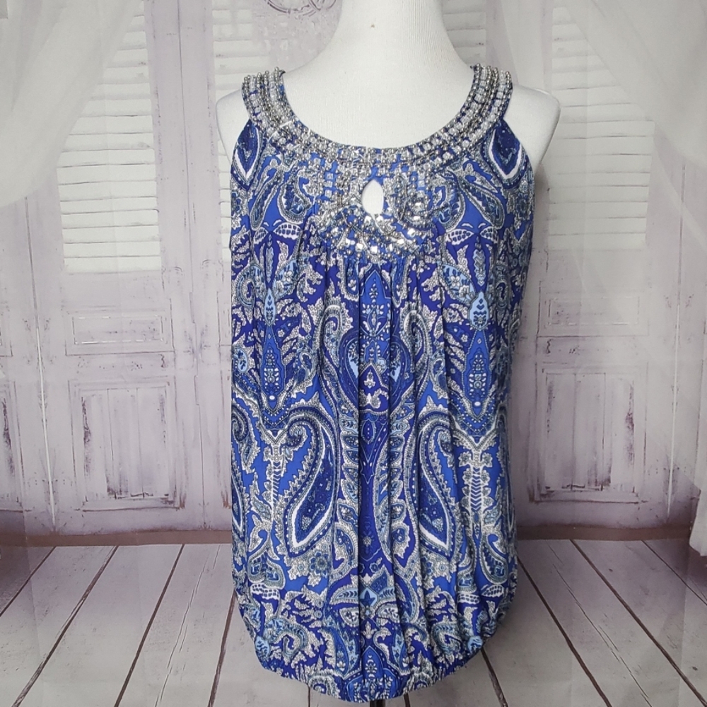 INC BLUE PAISLEY SIZE 0X 1X 2X EMBELLISHED TOP BLO - Picture 4 of 8